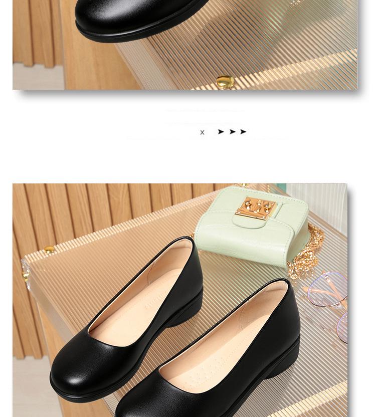 Women's Black Leather Non-Slip Flat Work Shoes - Comfortable Round Toe Design for Long Standing Hours, Soft Sole Professional Footwear.