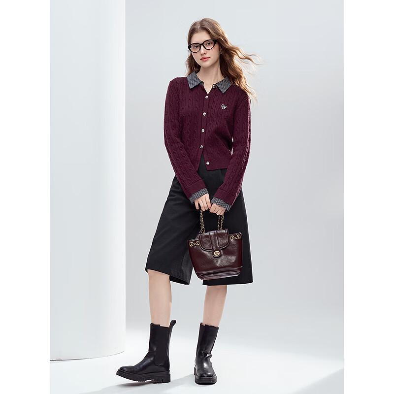 Betu Women's 2025 Winter Plaid Patchwork Turn-Down Collar Fake Two-Piece Sweater