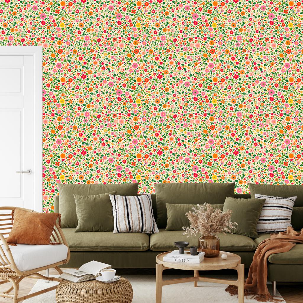 Wallpaper Small Flowers Cream, Beige, Lime and Peach 50x1000