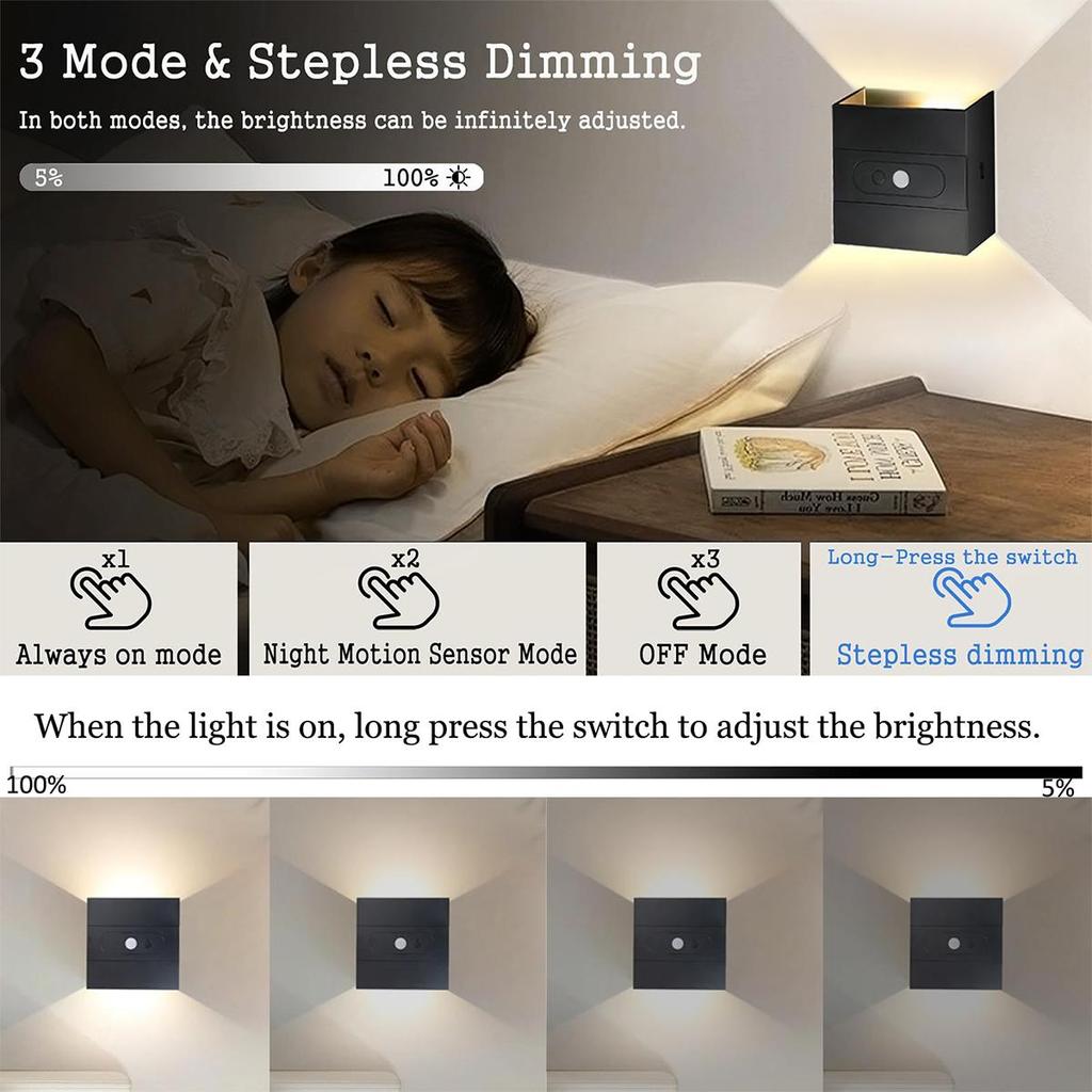 Motion Sensor Usb Rechargeable Led Wall Lamp With Night Dimmable Lamps Indoor Wireless Light Decorative Living Room Up-Down Dual