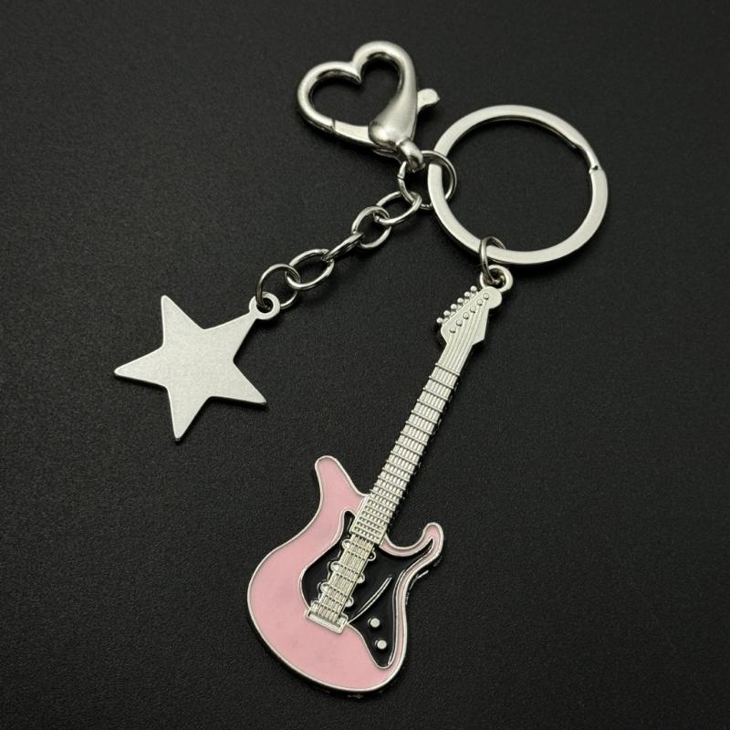 Fashion Star Guitar Keychain Pendant Simple Hanging Decorations Keyring Charm for Purse Bag Backpack Handbag