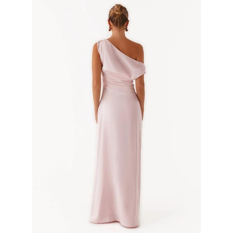 Damen Sommerkleid 2025 Neu Einfarbig Asymmetrisch Schulterfrei Rüschen Lang