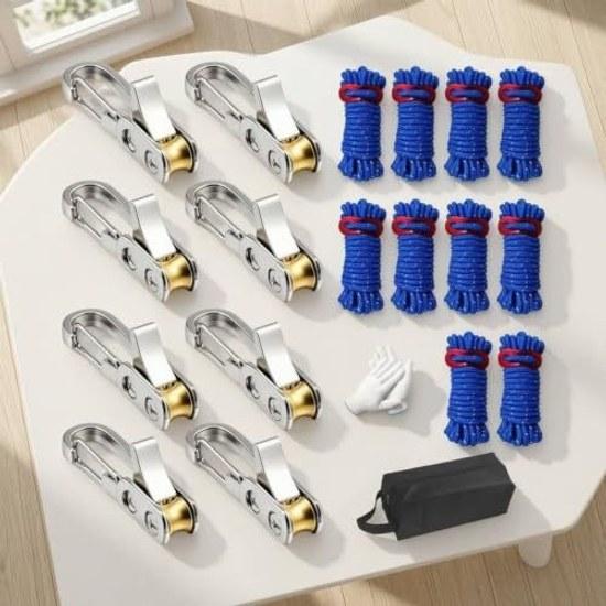 Rope tensioner adjustable metal body tightener brass roller stainless shaft spring mechanism durable included cord gloves bag suitable tent setup line
