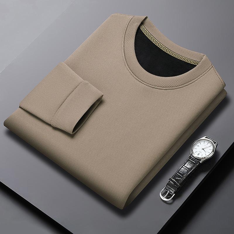 Autumn And Winter Velvet Thickened Crew Neck Sweater Men'S Pineapple Grid Solid Color Warm T-Shirt Casual Versatile Bottoming Shirt