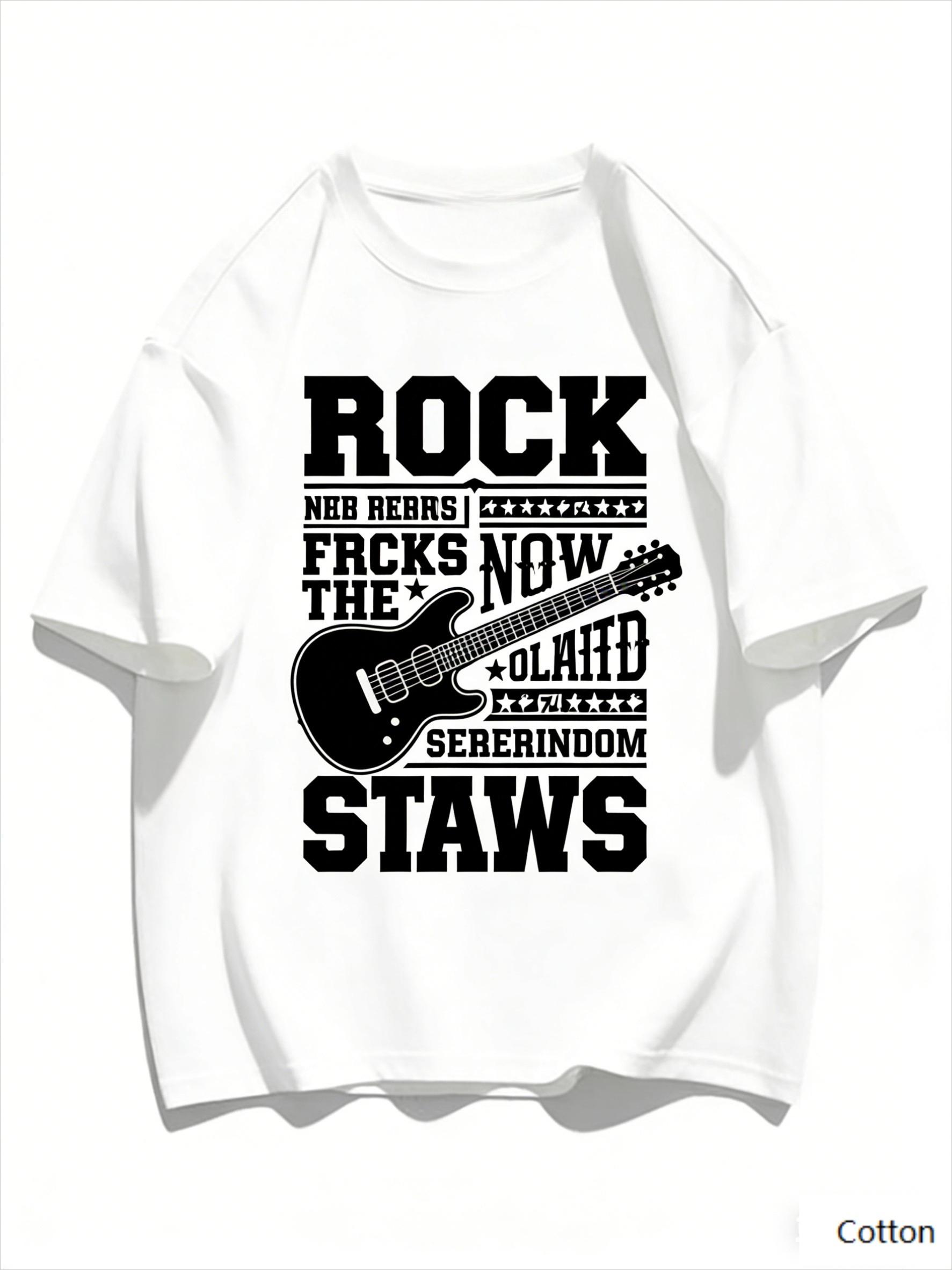 Vintage Rock Guitar Graphic T Shirt, Cotton Crew Neck Short Sleeve Tee, Retro Rock Print Unisex Top S разноцветный