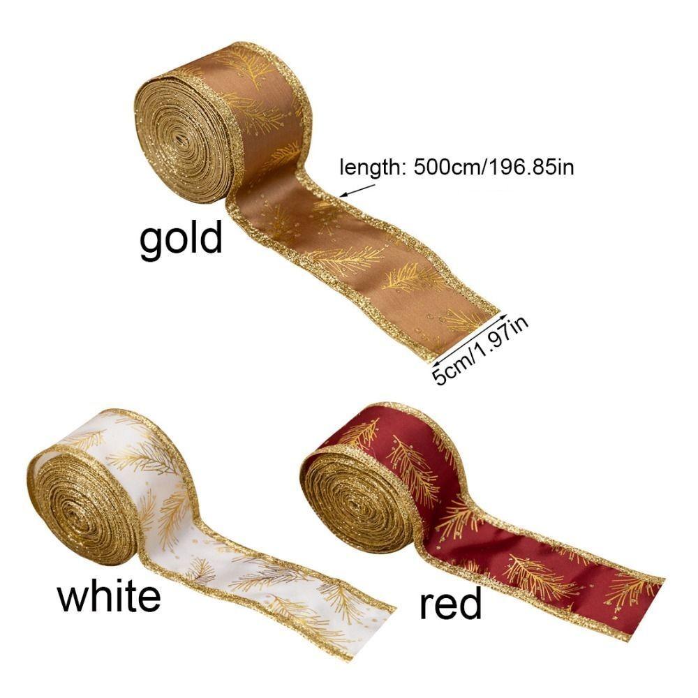 5M Leaves Pattern Christmas Gift Bow Ribbon DIY Lightweight Gold Trim Wired Ribbon Christmas Tree Ribbon Xmas Ornaments