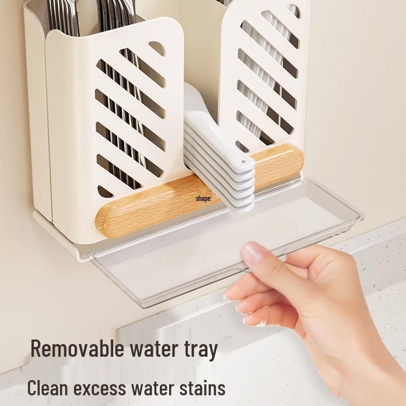 Wall-Mounted Chopstick & Spoon Holder: Cream Style, No-Punch Installation, with Drainage Function