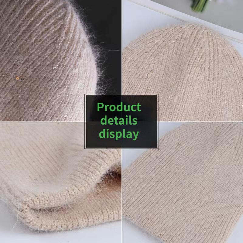 Angora Rabbit Fur Winter Woman Hat Cashmere Skullies Beanies Soft Solid Warm Fluffy Thick Sequins Knitted Hat Gift Wholesale