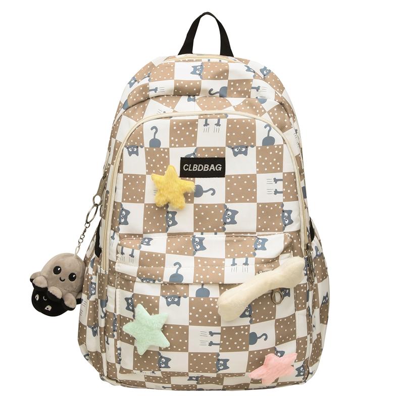 Plaid Cat Print Nylon Schoolbag Large Capacity Backpack High School Student Backpack