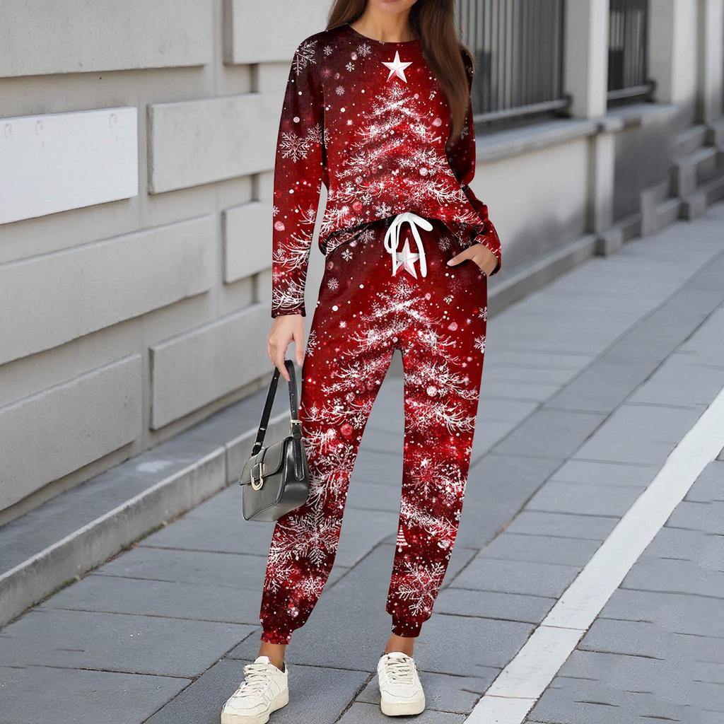 Dámské soupravy 2dílné tričko s kulatým výstřihem a dlouhým rukávem, potištěné tepláky s kapsami