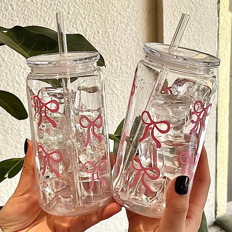 500Ml Pink Bow Print Water Bottle Drinking Can Iced Hot Coffee Juice Plastic Cup Pink Bowknot Tumbler Cup