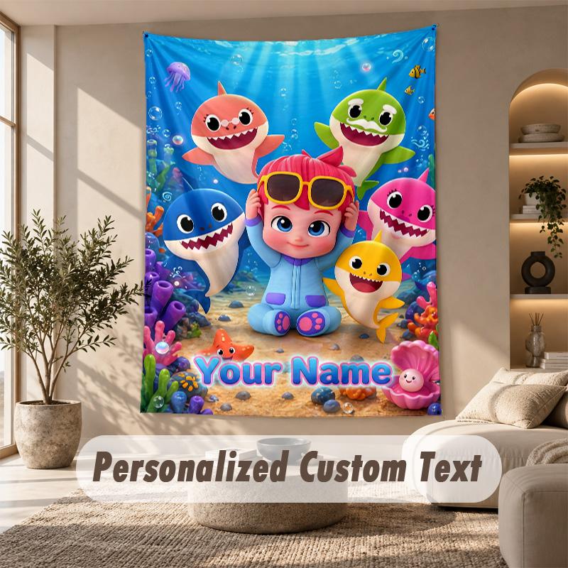 Baby Shark Tapestry, Personalized Custom Text, Wall Hanging Tapestry For Living Room Home Wall Decor