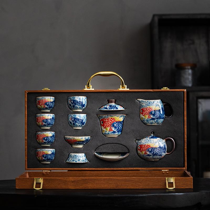 Guochaofeng Ru Porcelain Tea Set Fulong Fish Cover Bowl Teapot Teacup High-end Gift Box Household Ceramic Souvenir