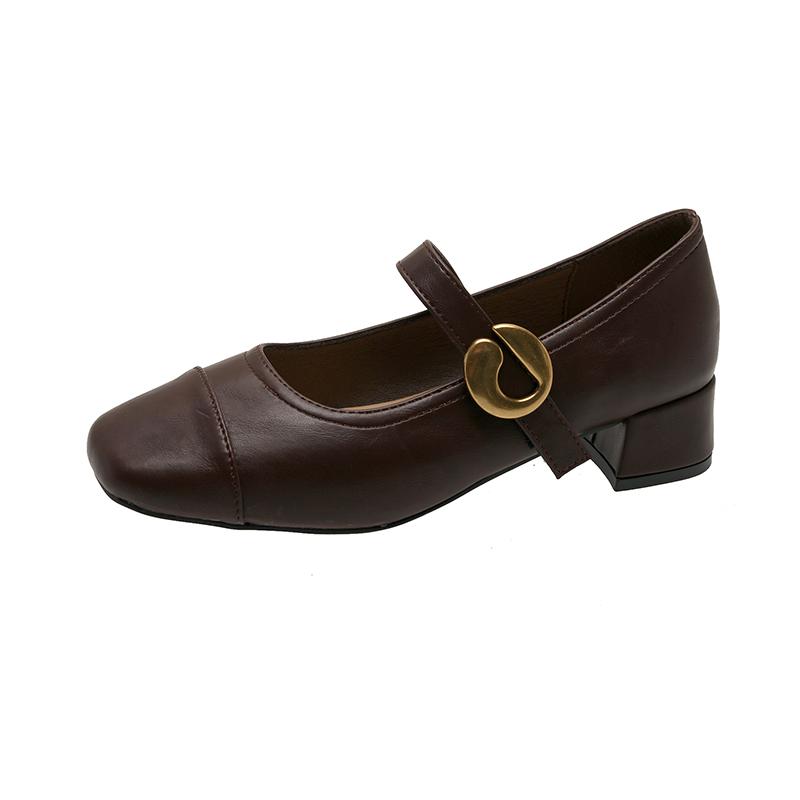 

Fashion Women s Coarse Heel Shoes Spring New Square Head Shallow Mouth Metal Buckle Anti-slip Wear-resistant Low-top Shoes 35 чёрный