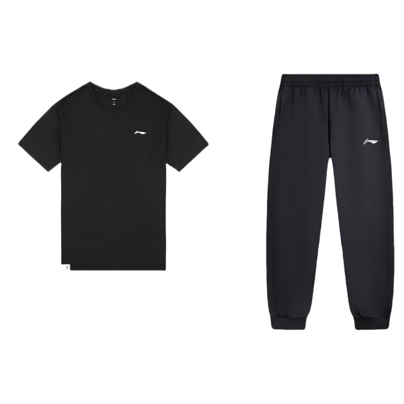 

Li Ning Логотип с круглым вырезом, свободный крой, короткий рукав, свитер и эластичный пояс, длинные брюки, повседневный спортивный комплект, мужские комплекты, черный цвет AKLU991-1+AHSR791-5 M