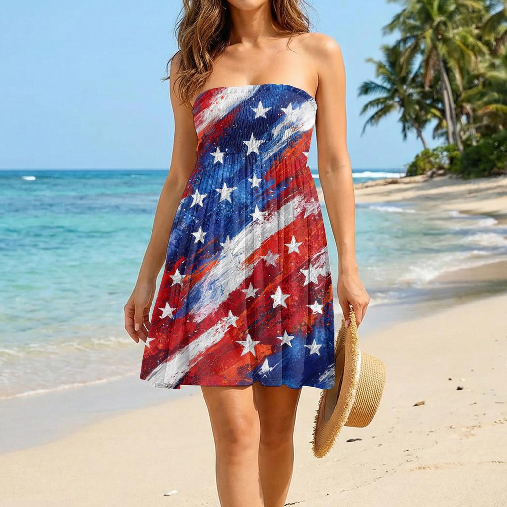 Women’s Strapless Casual Dress Sleeveless Tube Top Sundress with Firework and Star Pattern for Summer Holiday Beach Wear