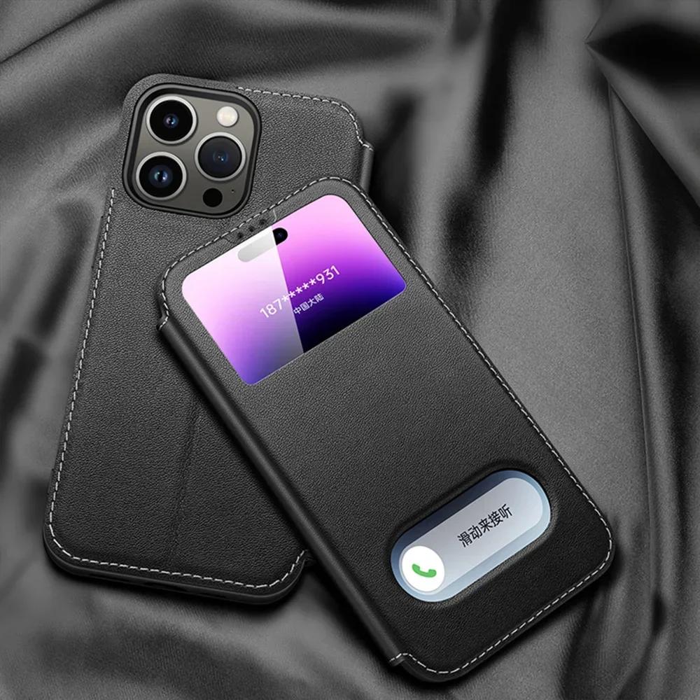 Genuine Leather Clear View Window Phone Case for IPhone 16 15 Plus 14 13 12 Pro Max Magnetic Flip Holder Cover