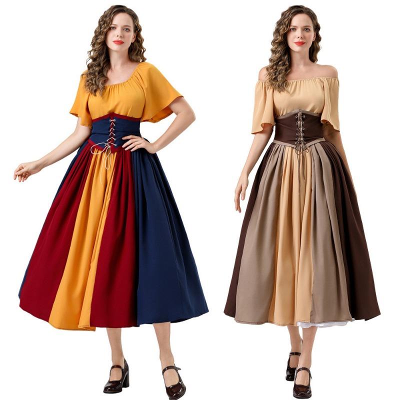 Halloween contrasting splicing retro dress renaissance dress one-word shoulder adult women's medieval dress