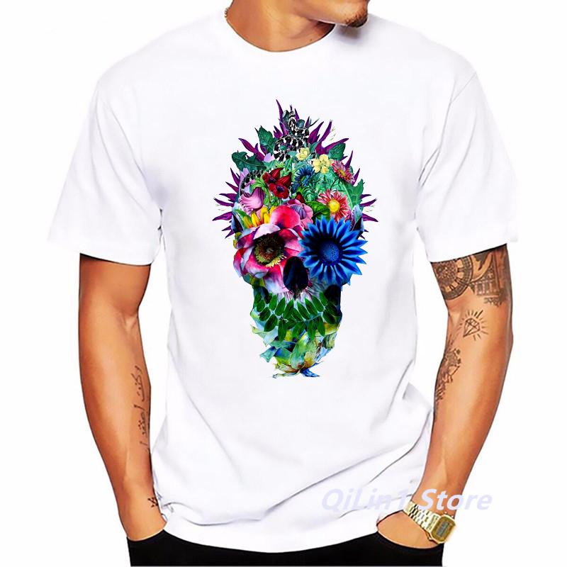 Men 2024 Summer Fashion Skull Flower Plant Print Short Sleeve Tshirt Male TShirt Homme Hip Hop T Shirt Geek Top Cool Streetwear