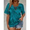 New Tie-Dye Print V-Neck Lace-Up Short Sleeve T-Shirt Polyester Knit Loose Plus Size Top Multi-Color Available