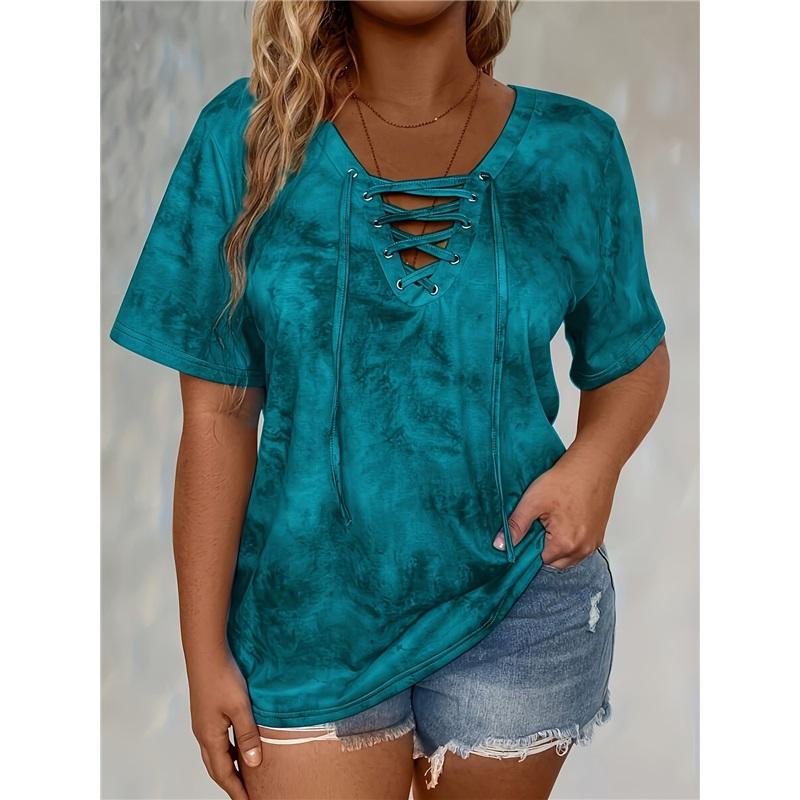New Tie-Dye Print V-Neck Lace-Up Short Sleeve T-Shirt Polyester Knit Loose Plus Size Top Multi-Color Available