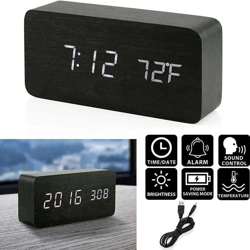 Wooden Digital Alarm Clock LED Table Clock with Temperature for Bedroom Office Desk Decorations
