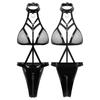 European & American September Sexy Patent Leather Backless Mesh Three-Point Lingerie Set