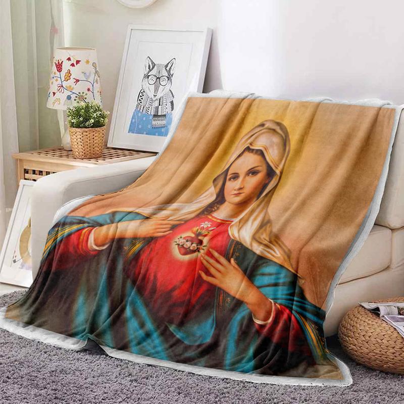 75x100cm Virgin Mary Mother of Christian Faith Jesus Stitch Printed Blanket, Suitable For Bed, Bedroom, Sofa, Picnic, For Gifts