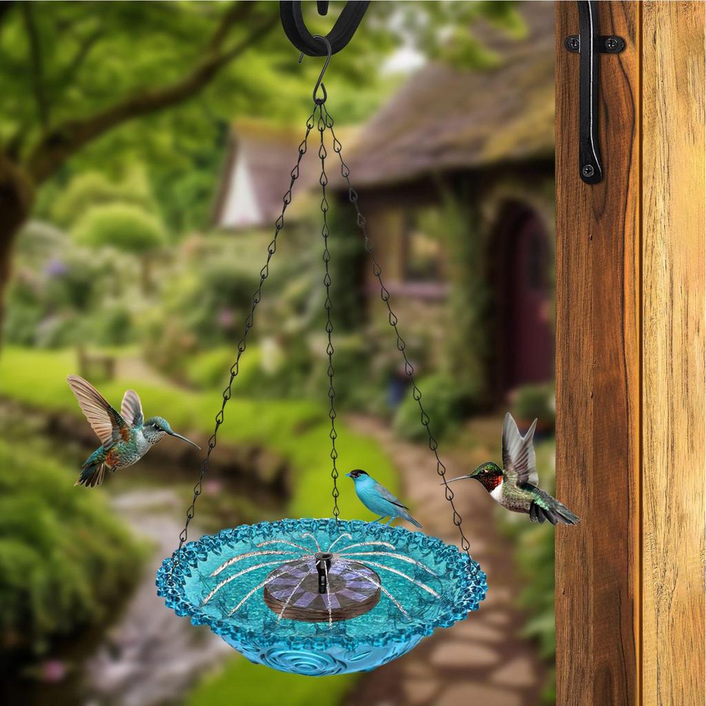 Bird Bath Fountain Hangable Hummingbird Water Bowl Bird Bath with Solar Fountain for Robin Sparrow Backyard Garden Landscaping