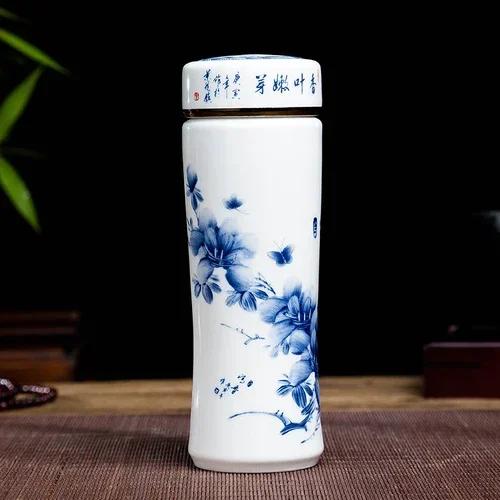 Jingdezhen Ceramic Teacup Thermos Mug with Lid Blue and White Porcelain Water Cup Liner Office Cup Portable Teacup Gift Cup 400ml