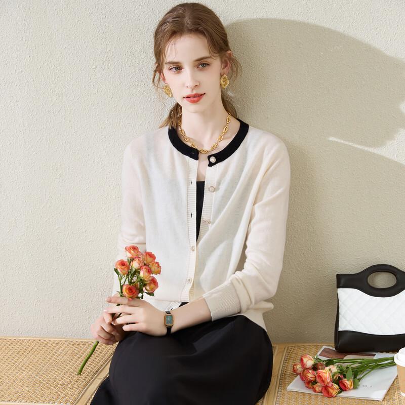 TUHUANG Women's Pure Wool Color Block Round Neck Cardigan