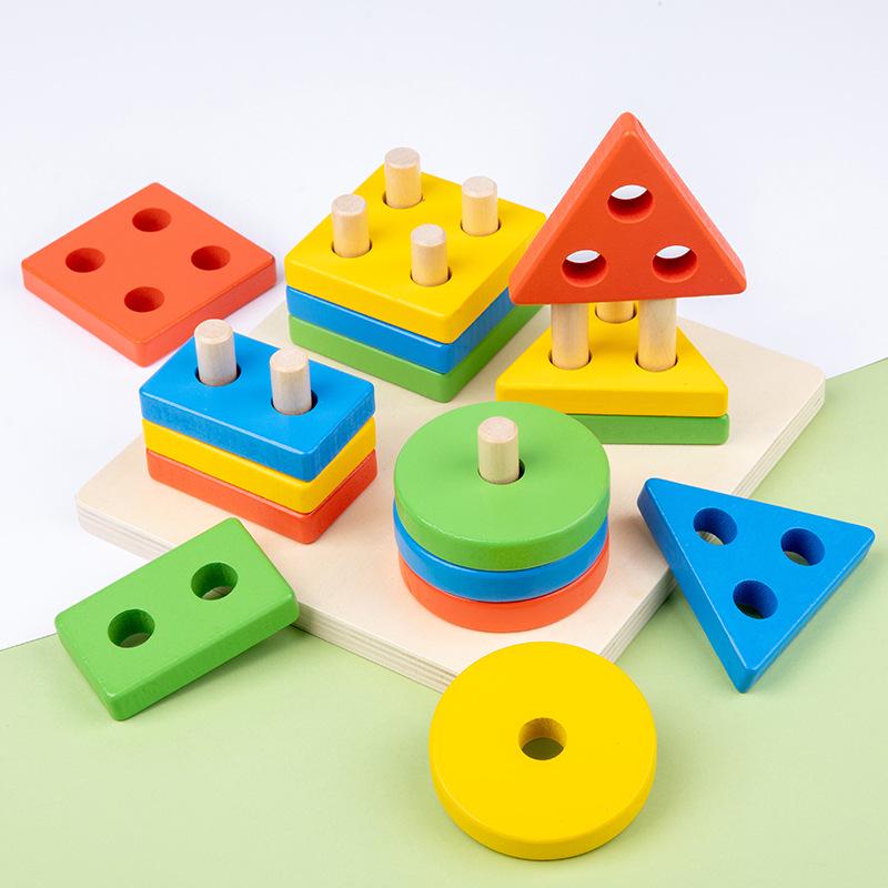 Wooden Educational Puzzle: Stacking Toys for Kids - Enhance Cognitive Skills & Hand-Eye Coordination with Geometric Shapes