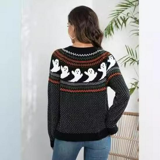 2024 Retro Polka Dot Long Sleeve Knit Cardigan – Women's Halloween Ghost Sweater, Loose Fit, European American Style