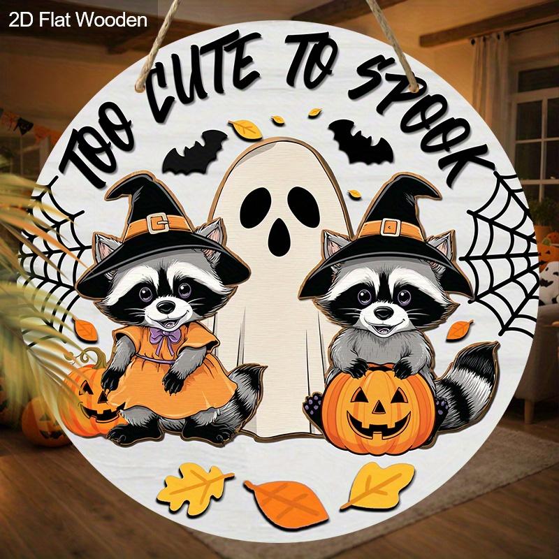 Halloween Wooden Sign with Adorable Raccoon and Ghost Pattern - Figurine Ornaments for Front Door, Wall, Room Decor - Ideal Halloween Gift for Friend