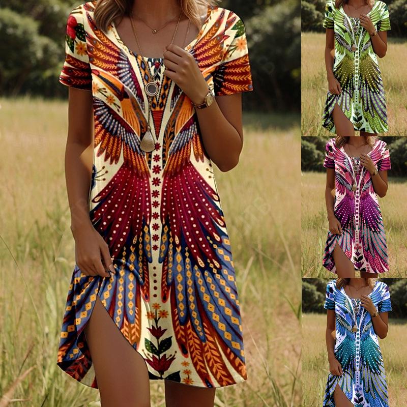 Women's New Round Neck Short Sleeve Dress with Indian Print – European & American Style
