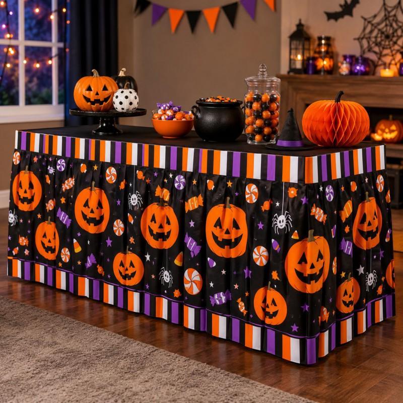 Halloween Table Skirt With Waterproof Dustproof Decor Dining 140-275cm Length