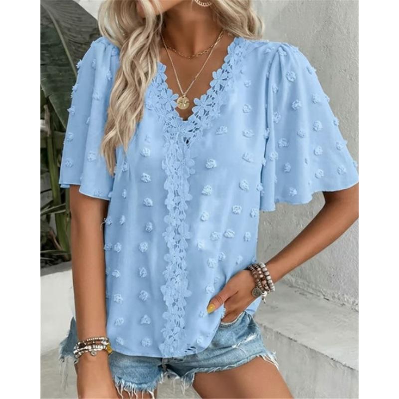 Comfortable Loose Jacquard Lace V-neck Short Sleeved Top For Women