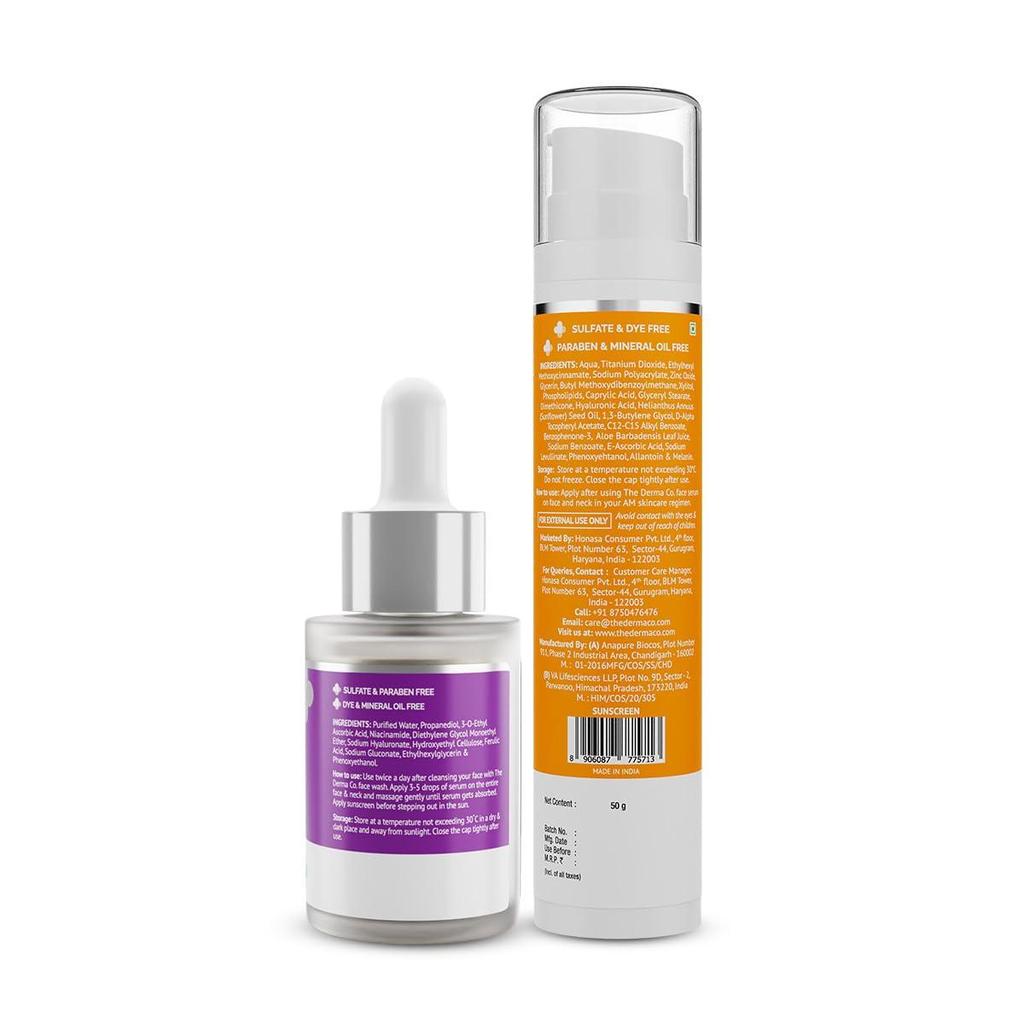 Le combo Glow & Protect de Derma Co - Sérum visage à 10 % de vitamine C (30 ml) + 1% de gel solaire à l'acide hyaluronique Aqua Gel (50 grammes)
