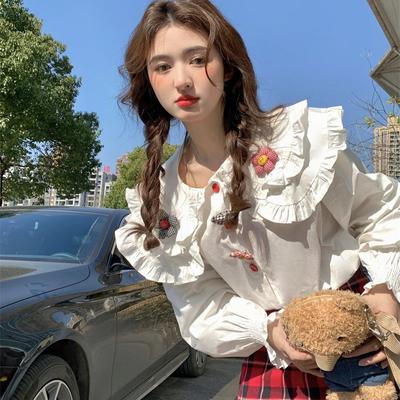 Peter Pan Collar Shirt Women Sweet Korean Fashion Flare Sleeve Chic 3D Flower All-match Harajuku Students New Loose Blouse
