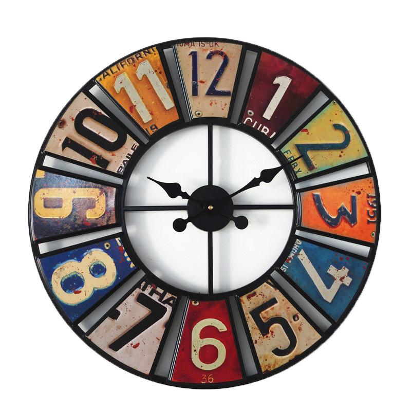 Retro License Plate Wall Clock with Wrought Iron Decoration