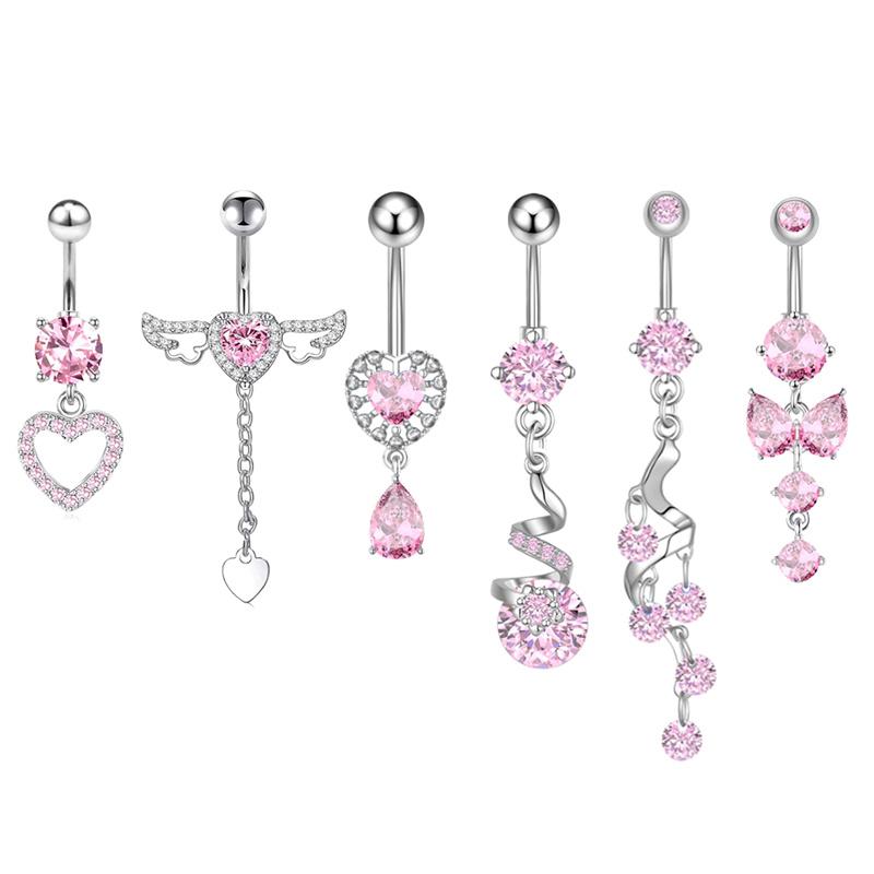 Anelli per ombelico a farfalla in acciaio inossidabile con zircone rosa per donne Anelli per ombelico a cuore Gioielli per piercing al corpo