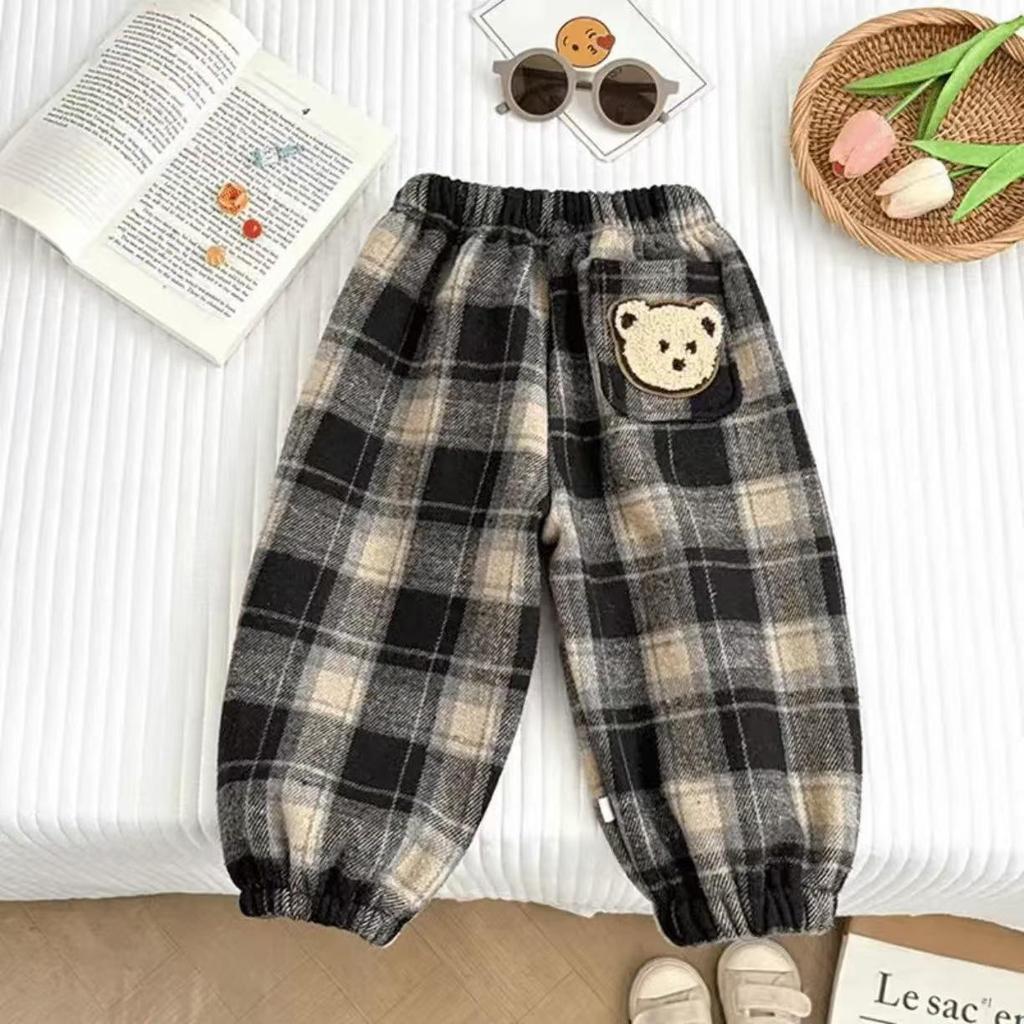 Kinder Karomuster Fleece Sweatpants - Warme Cartoon Applikation, Herbst/Winter, Jungen & Mädchen