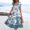 Women's Summer Casual Fashion Print Pocket Short Sleeve V-Neck Swing Dress