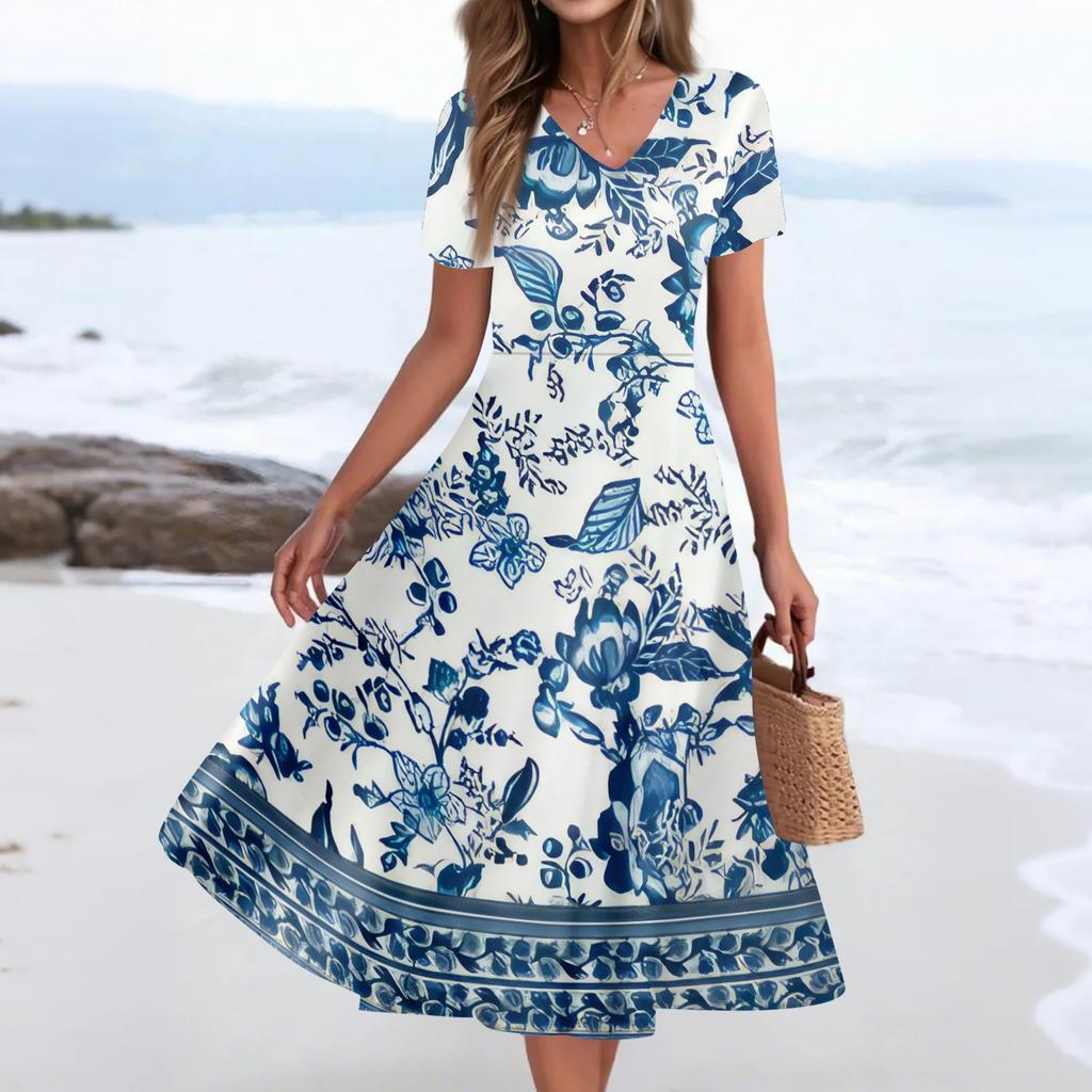 Women's Summer Casual Fashion Print Pocket Short Sleeve V-Neck Swing Dress