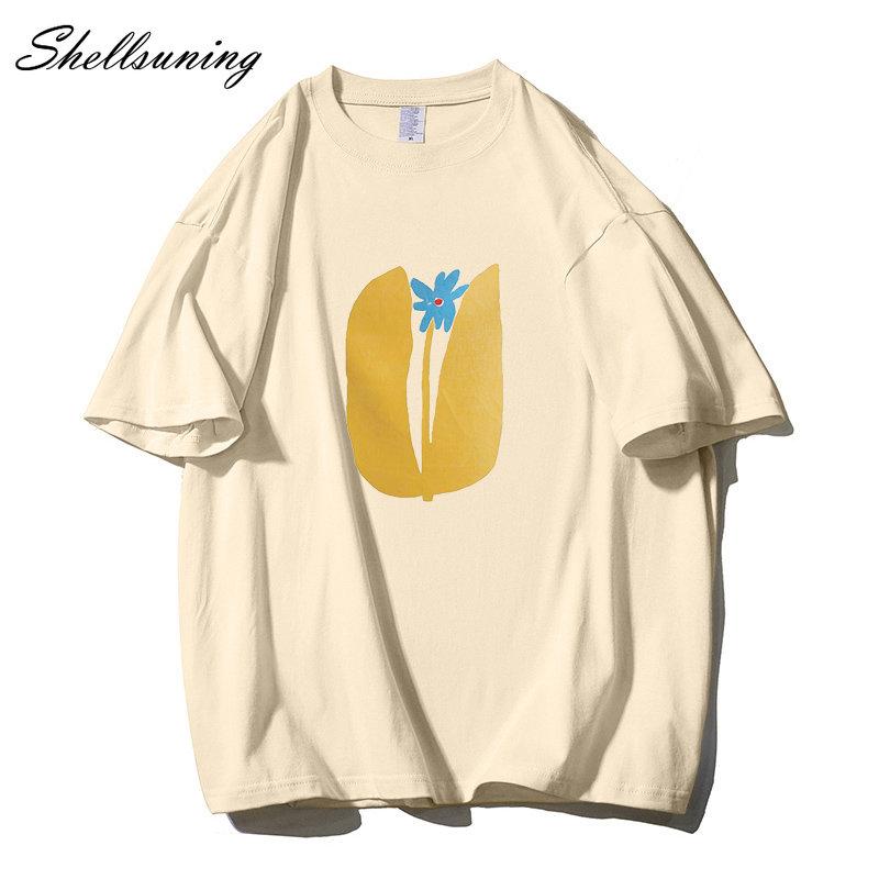 Shellsuning Summer Aesthetic Floral T Shirts Women Loose Short Sleeve Cotton Printed Tees Female Casual O Neck Vintage Base Tops