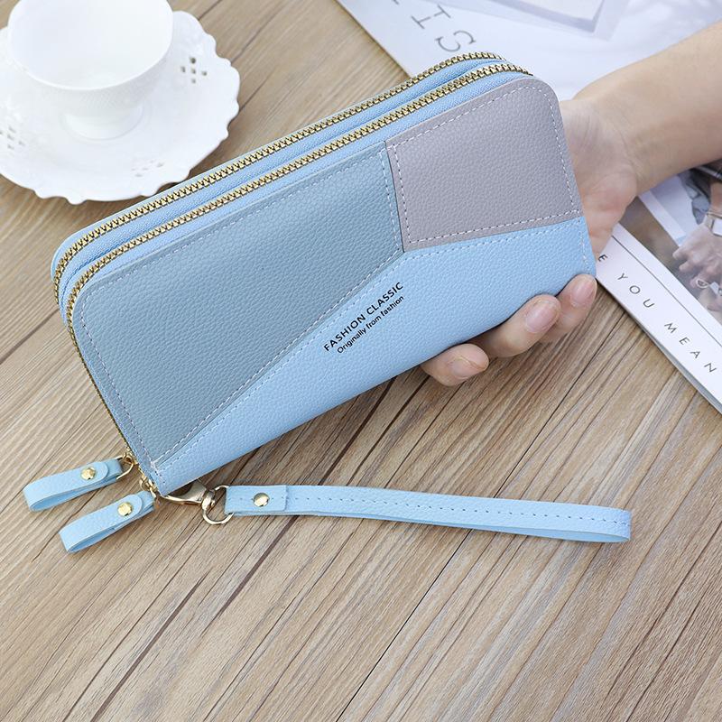 Damen-Doppelreißverschluss-Geldbörse Große Kapazität Mehrere Kartenfächer PU-Leder Handtasche Farbblockierung Kontrastierende Farbe Lange Geldbörse Null-Geldbeutel