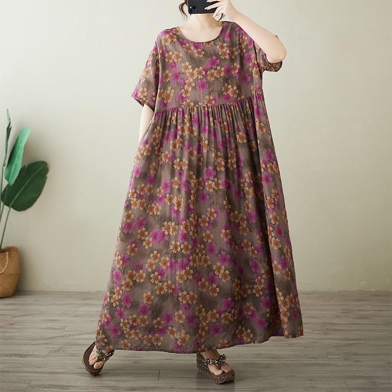 Kortärmad Plus size bomull vintage blommig ny i klänningar för kvinnor avslappnad lös lång sommarklänning