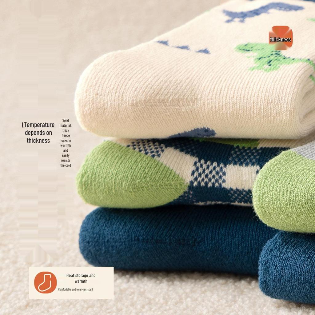 Children's Thickened Warm Cotton Dinosaur Terry Socks - Mid-Calf Length for Boys and Girls