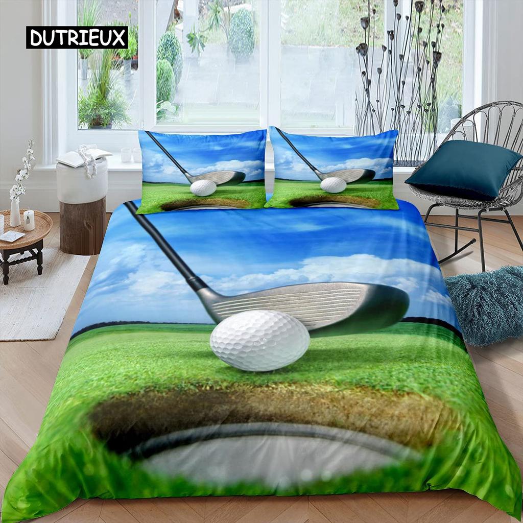 Golf Duvet Cover Set Golf Club Athlete Twin Bedding Set Microfiber Grass Leaf Branches Sports Game Theme Double King Quilt Cover