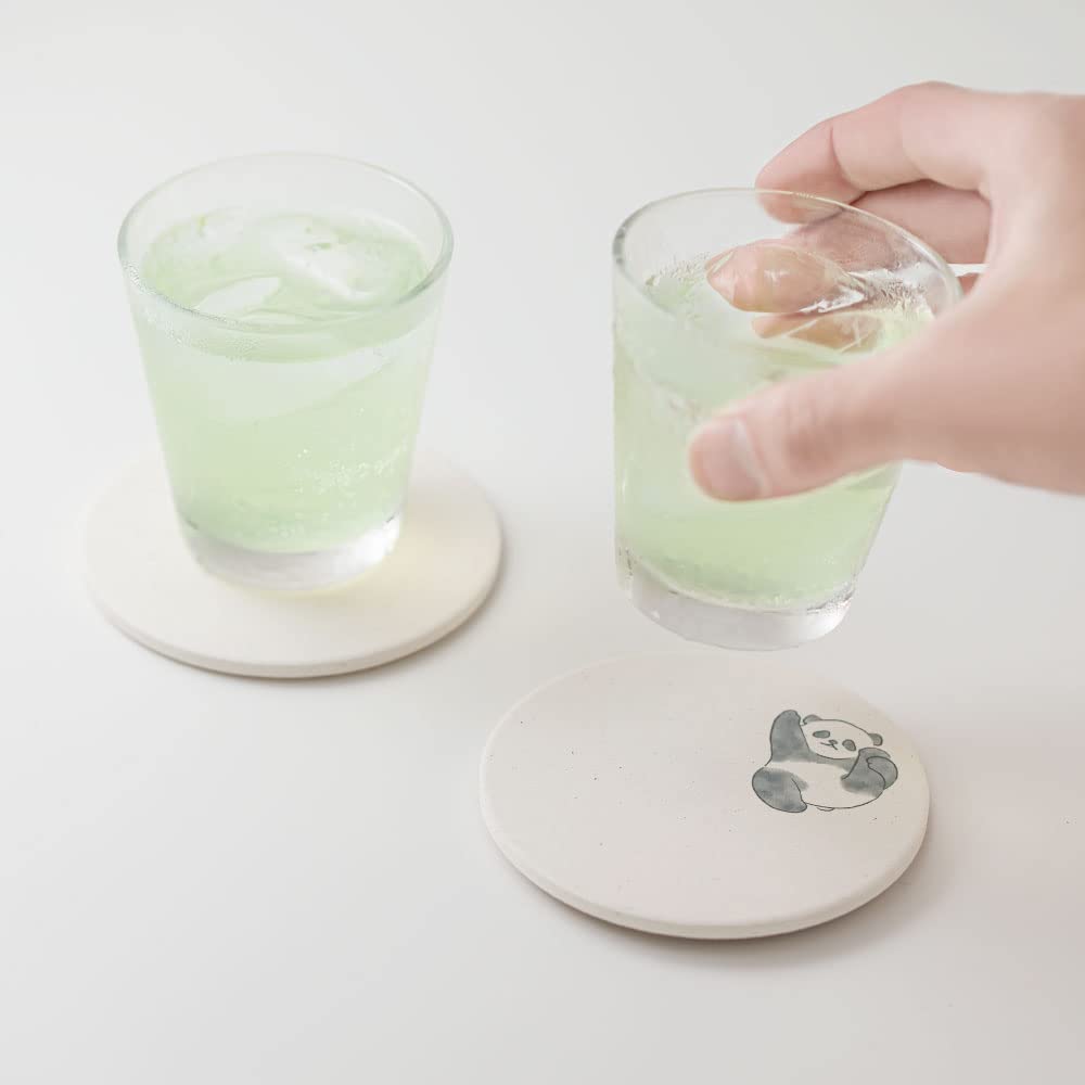 &NE Ceramic Diatomaceous Earth Coaster, Panda, Round, White, 1 Piece, 9.7cm Diameter X 0.6cm Thick, Absorbent Coaster, Made In Japan, Mino Ware,